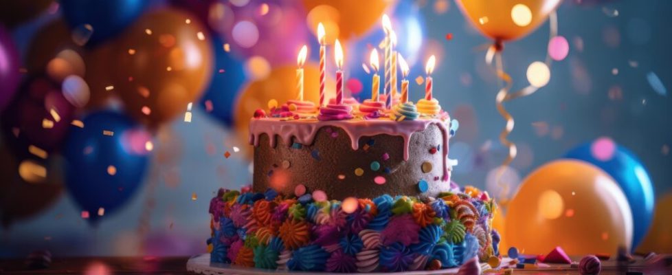 happy-birthday-cake-with-candles-balloons-and-confetti-background-generative-ai-free-photo