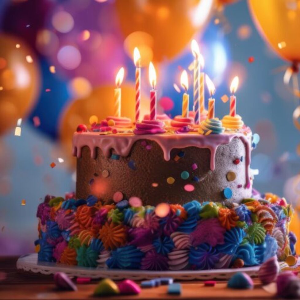 happy-birthday-cake-with-candles-balloons-and-confetti-background-generative-ai-free-photo